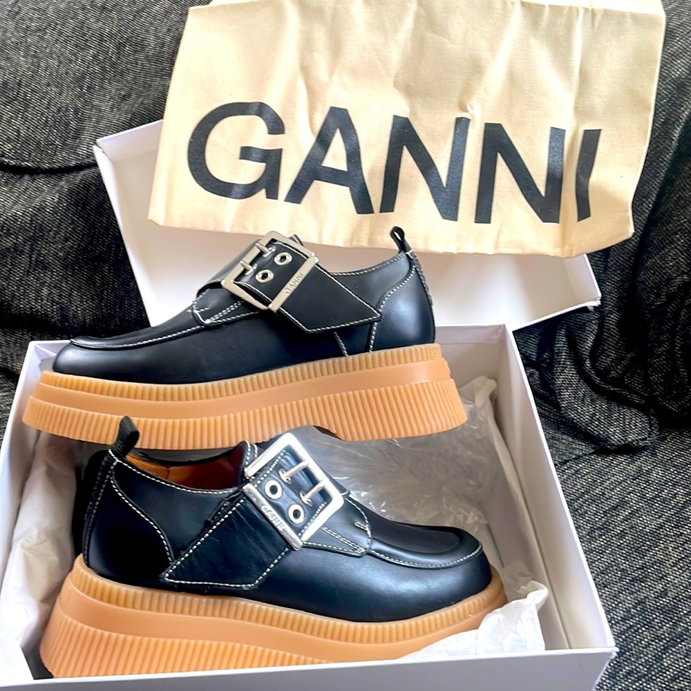 GANNI black buckled platform creepers loafers